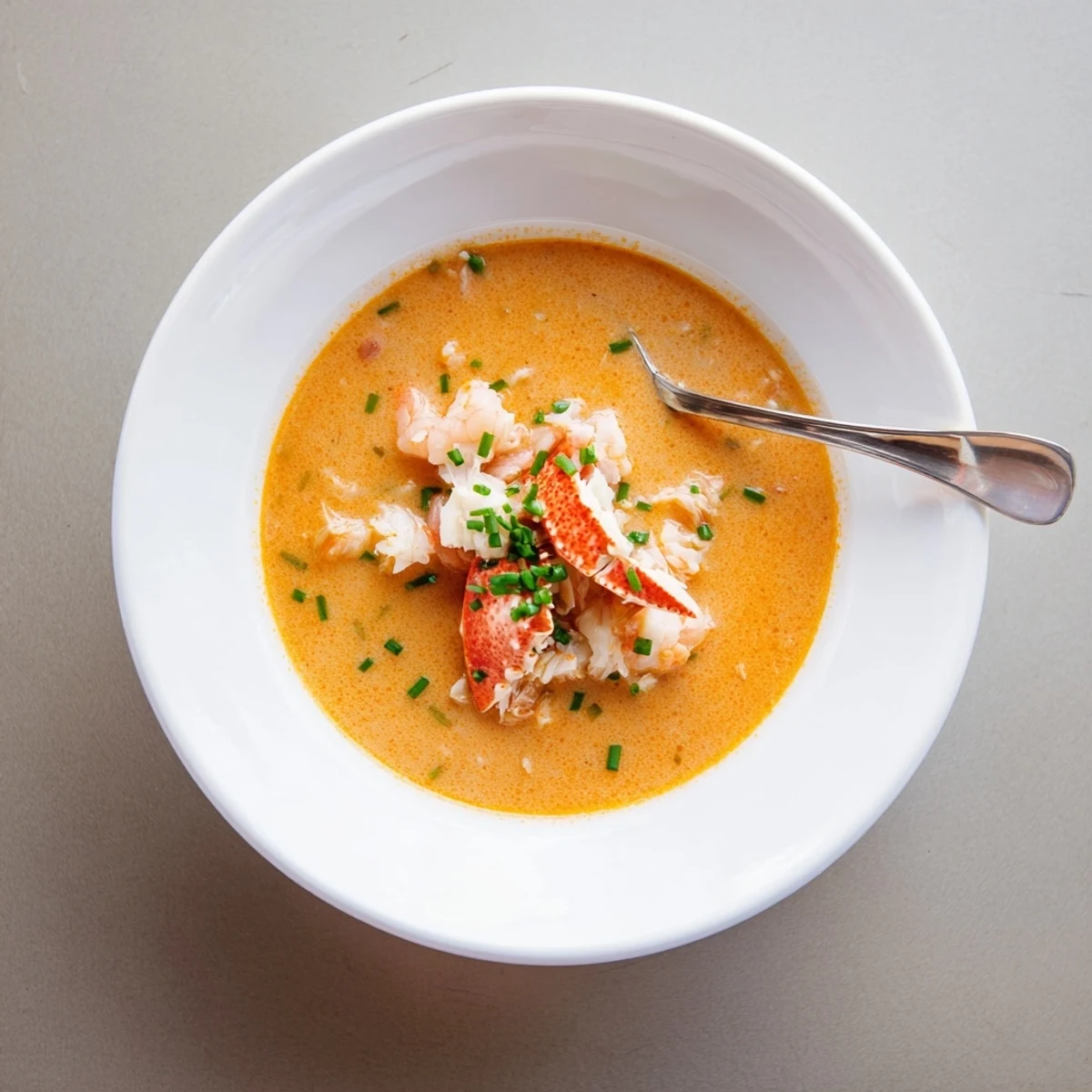 Creamy seafood bisque bowl filled with tender shrimp and lump crab meat garnished with fresh herbs