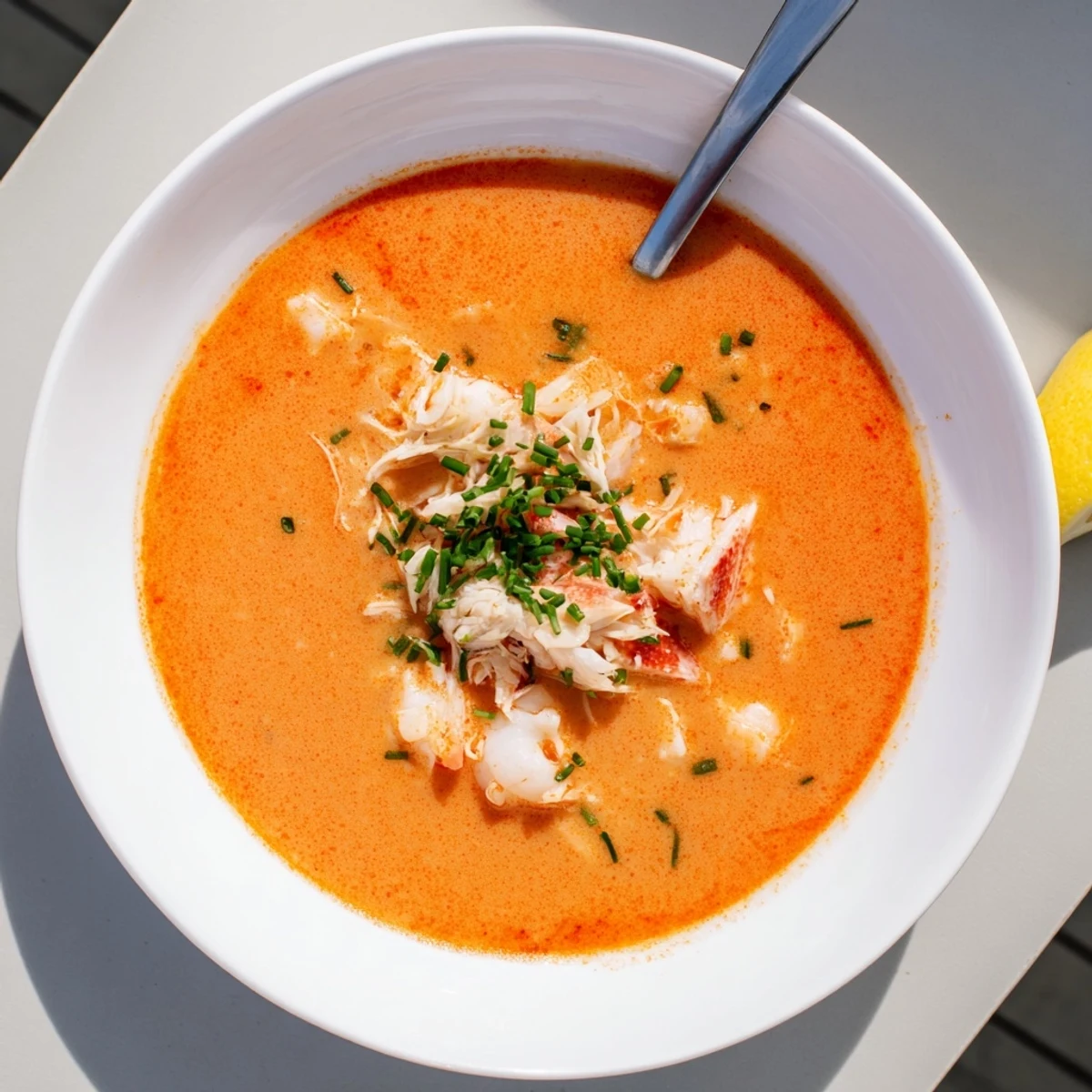 Rich French-style seafood bisque featuring succulent crab and shrimp in a velvety smooth cream soup