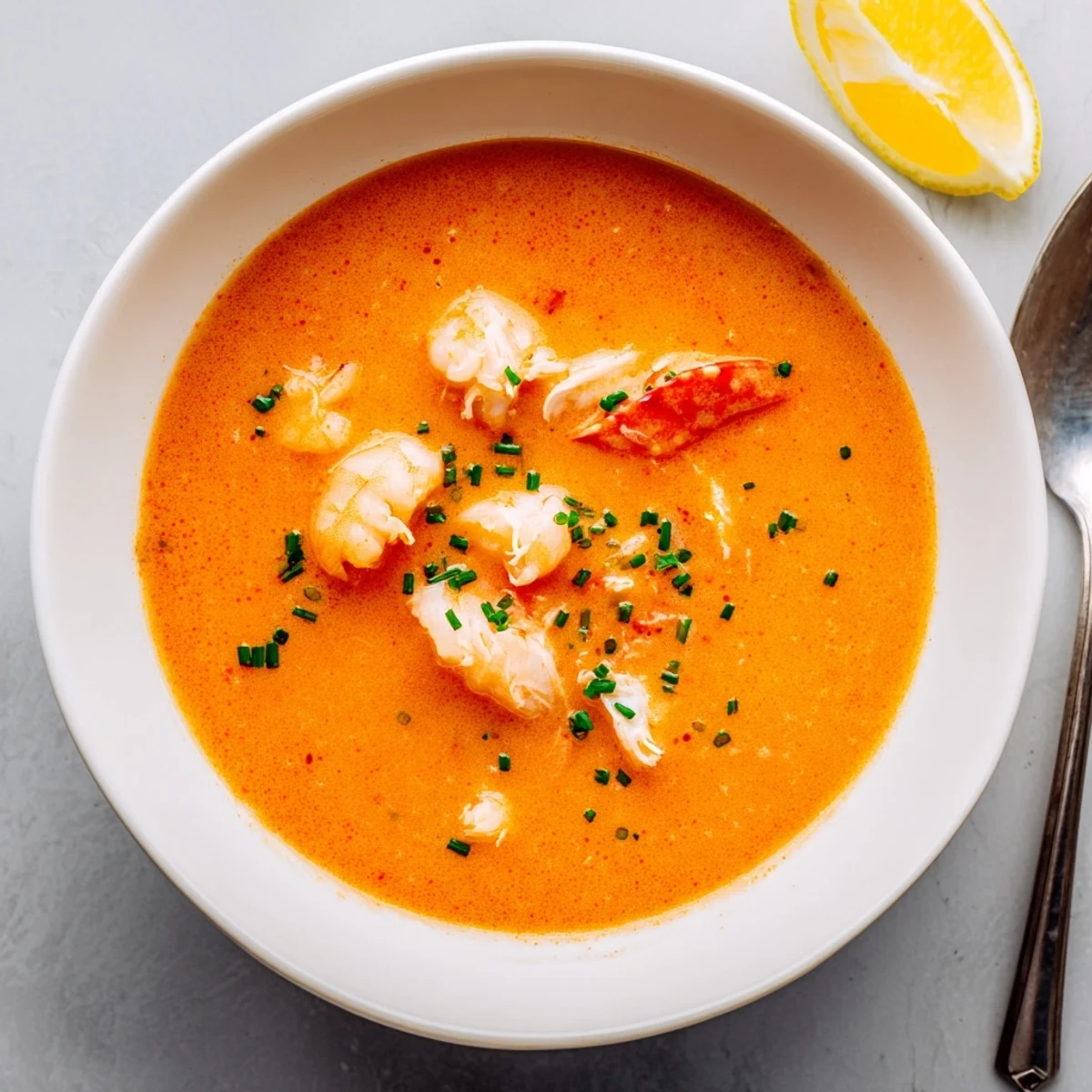 Golden seafood bisque brimming with sweet crab chunks and pink shrimp finished with delicate chive sprinkles