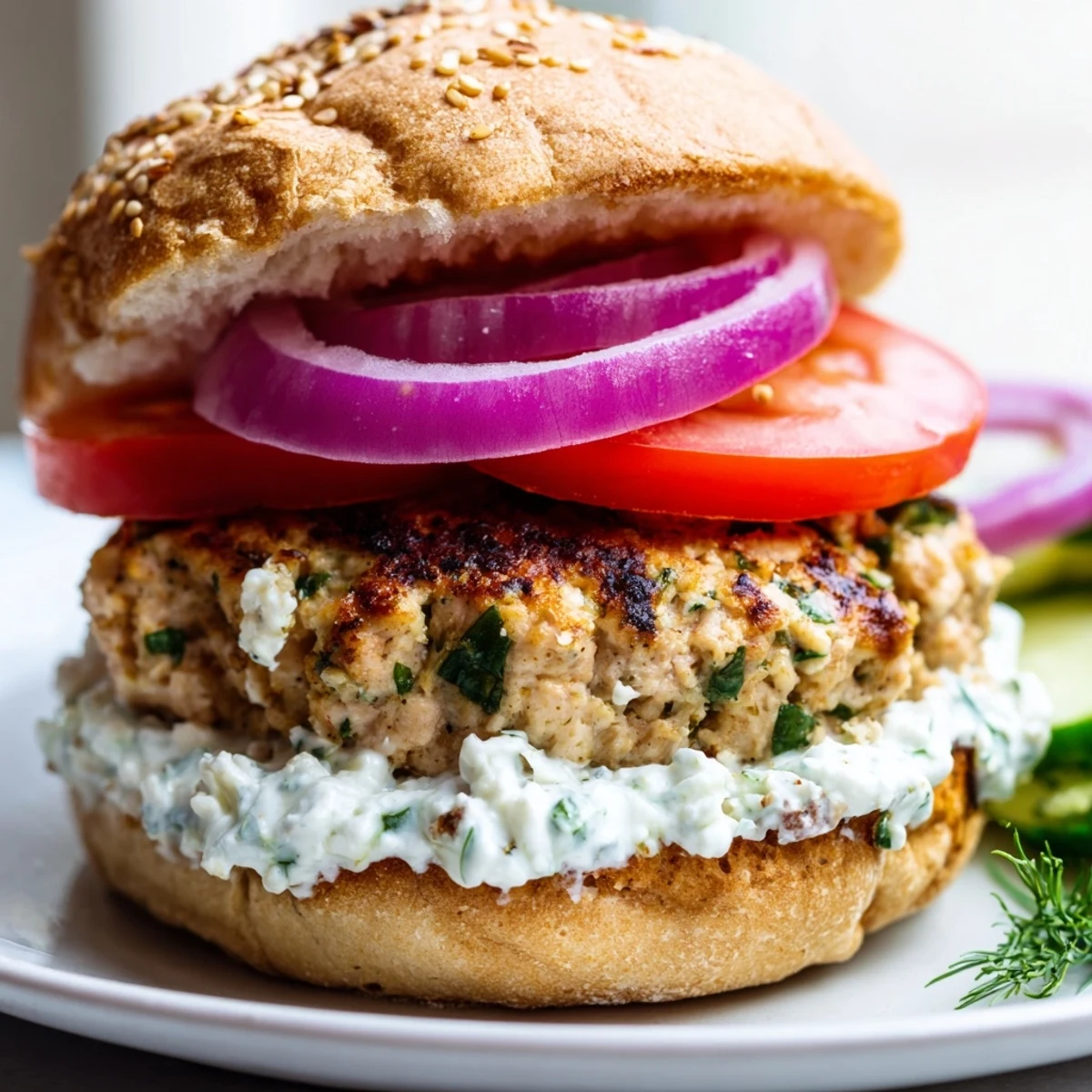 Golden brown Greek chicken burgers topped with creamy tzatziki sauce on toasted buns