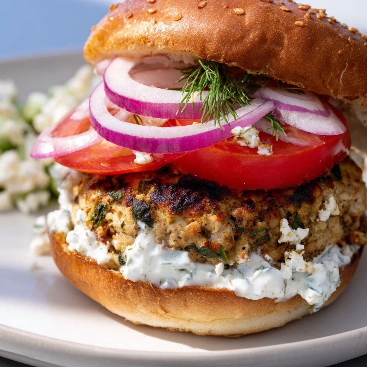 Mediterranean-style Greek chicken burgers served with fresh lettuce, tomato, and tangy tzatziki