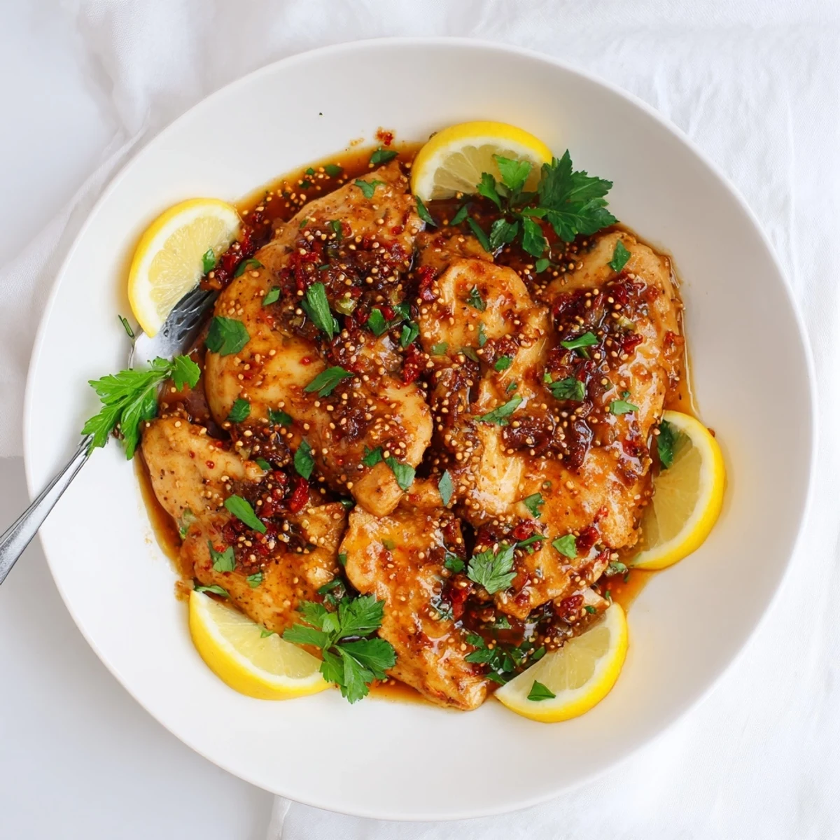 Golden glazed chicken Diablo drizzled with spicy honey mustard sauce on a white plate