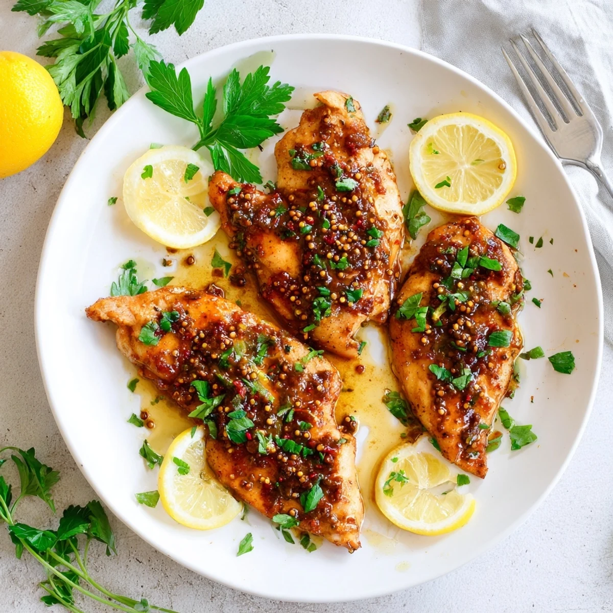 Oven baked Chicken Diablo breasts coated in zesty sweet and tangy Diablo glaze with parsley