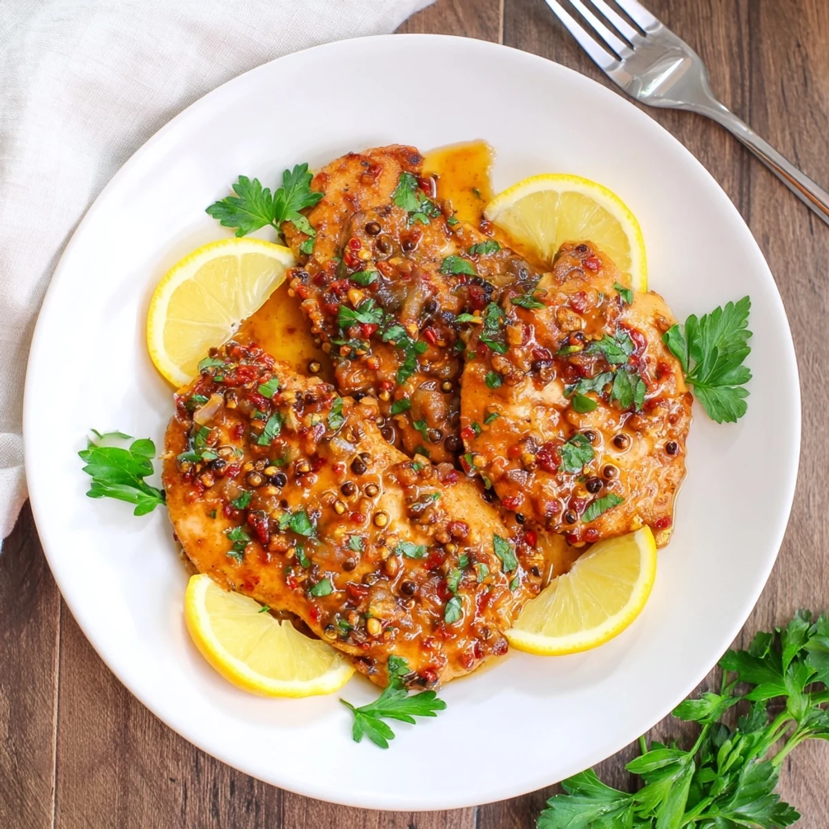 Sizzling skillet of Chicken Diablo featuring caramelized chicken in fiery red sauce with lemon wedges