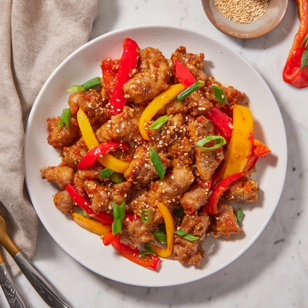 Golden brown spicy dragon chicken glazed in sticky red sauce with colorful bell pepper slices