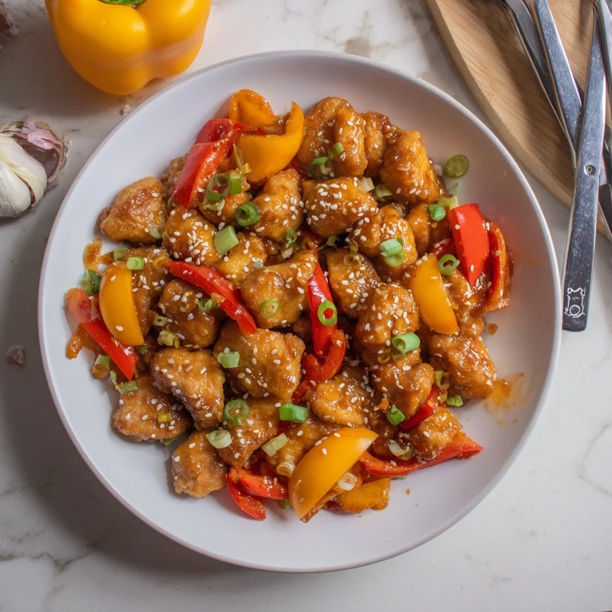 Tender spicy dragon chicken pieces coated in fiery sauce and garnished with fresh green onions