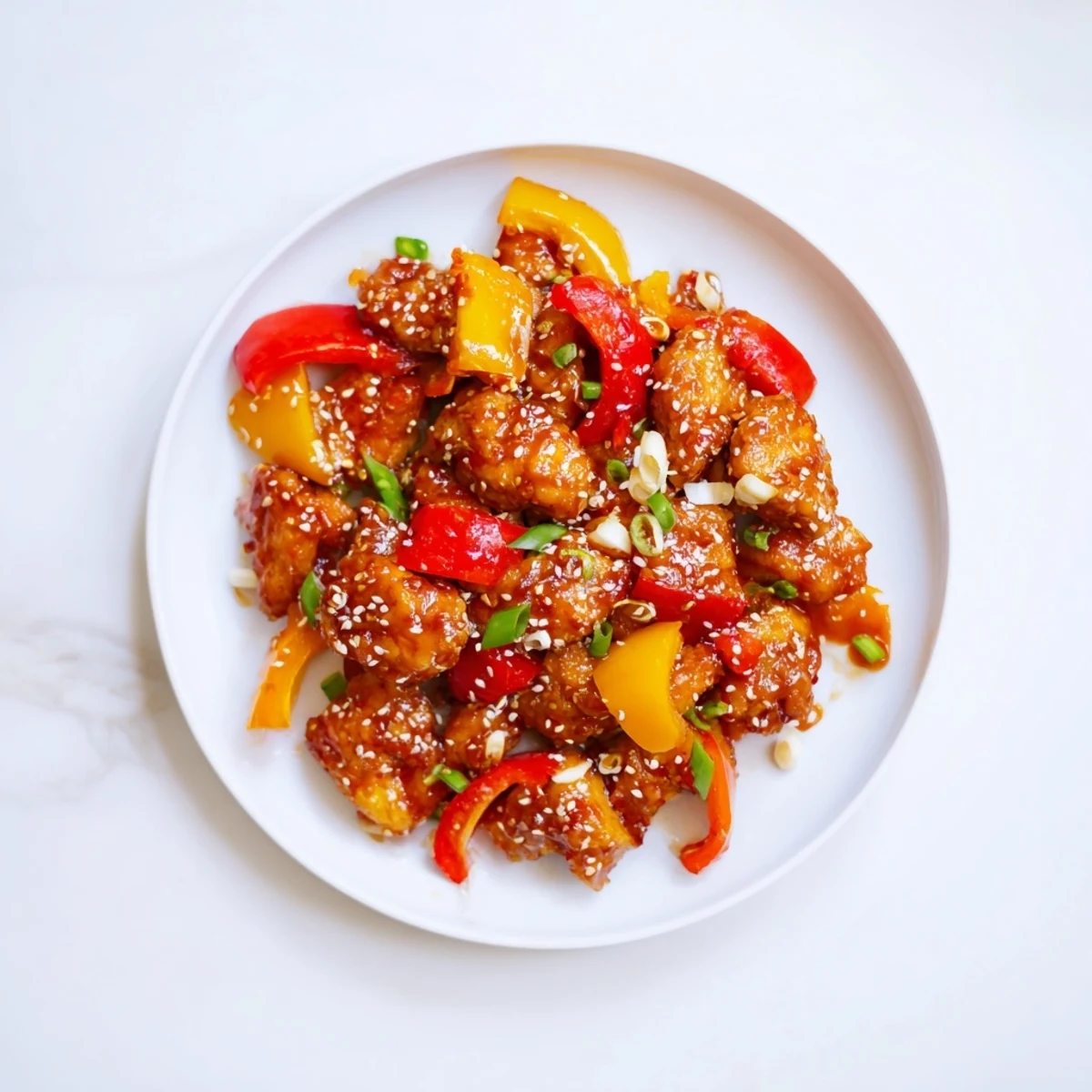 Asian-inspired spicy dragon chicken stir-fry with vibrant peppers and aromatic garlic served over white rice
