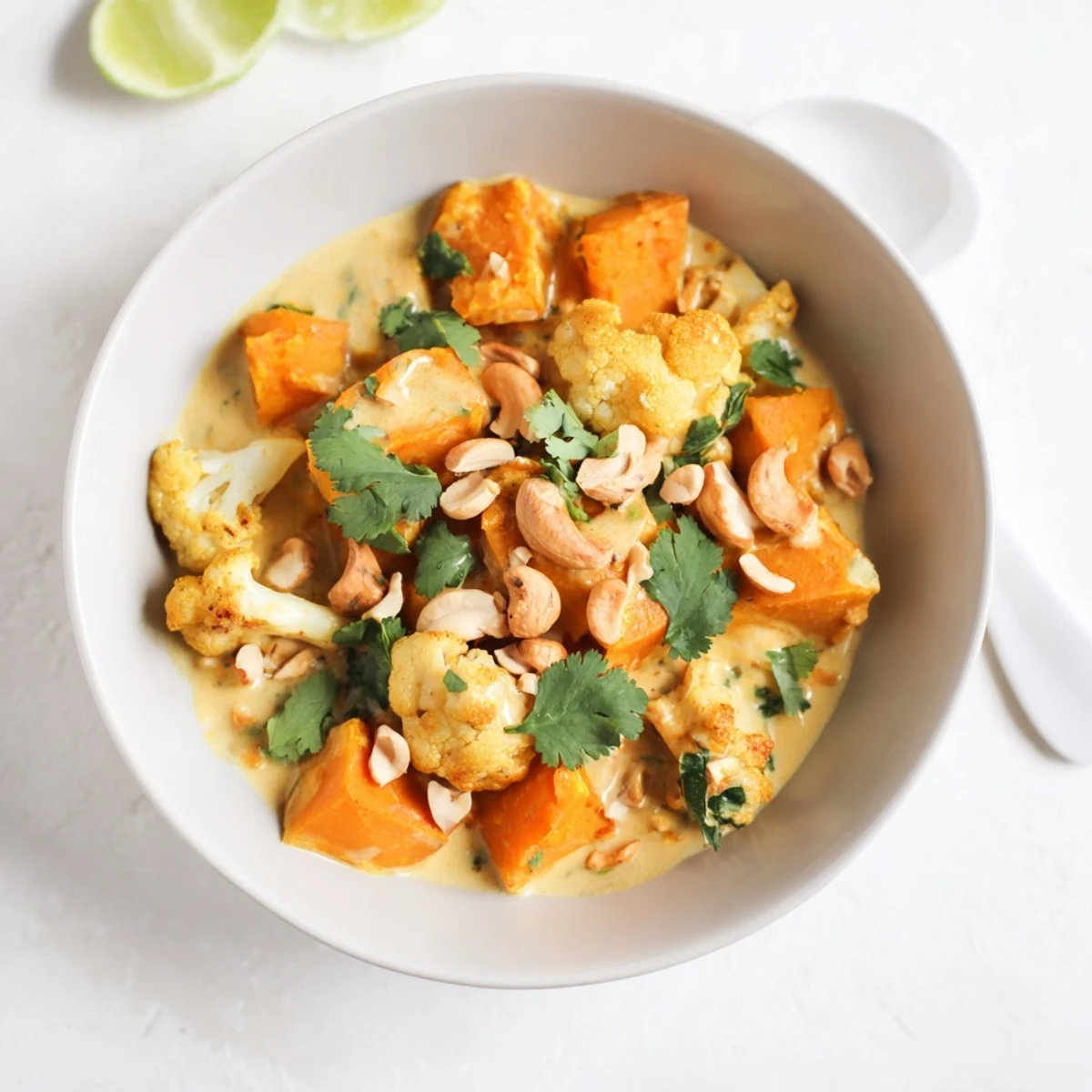 Creamy kumara cauliflower and cashew korma curry garnished with toasted nuts and fresh cilantro