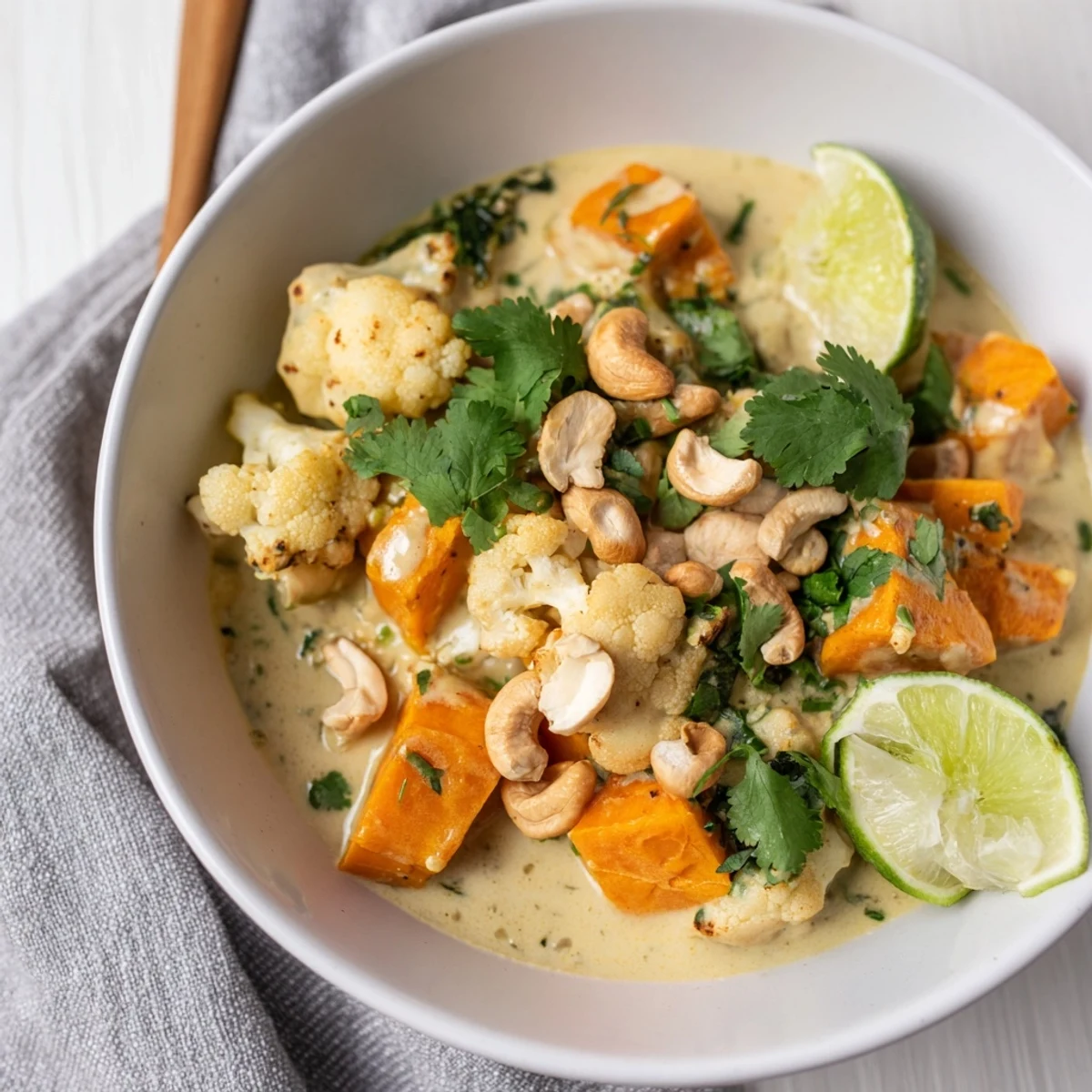 Golden sweet potato cauliflower korma curry featuring tender vegetables in a fragrant spiced coconut sauce