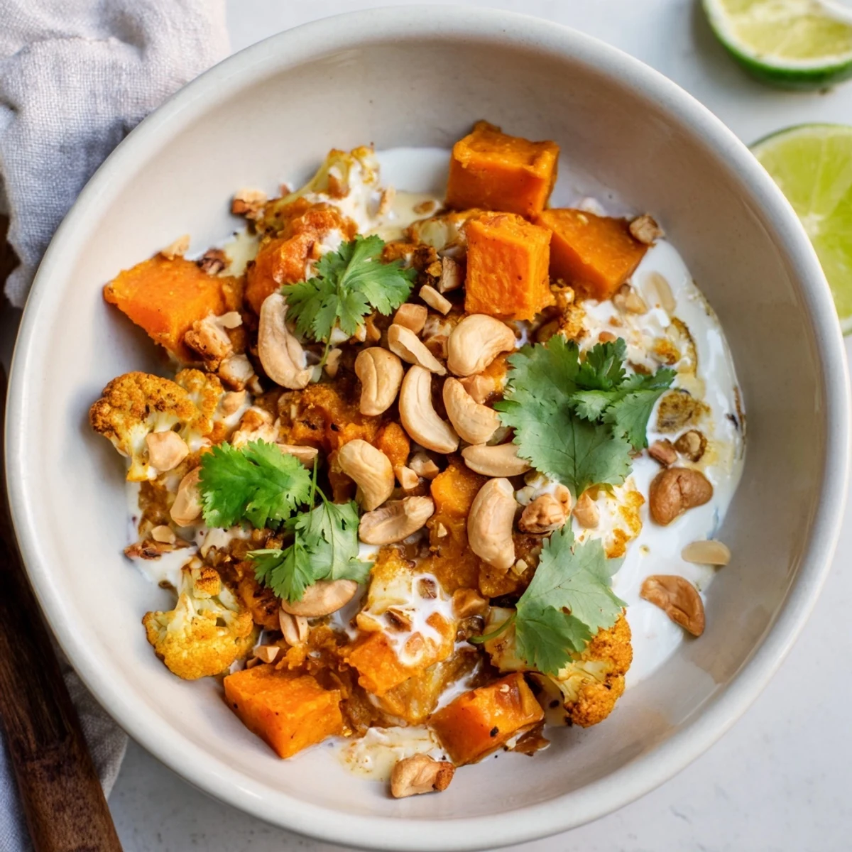 Velvety kumara cashew korma curry topped with crunchy roasted cashews and vibrant green herbs