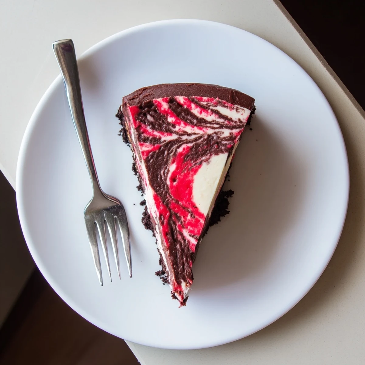 Chocolate Strawberry Swirl Cheesecake with ribbons of red berry puree and dark chocolate marble