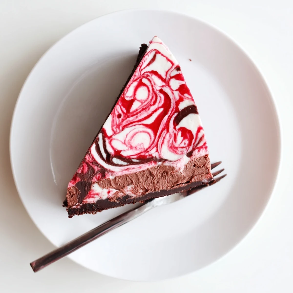 Sliced Chocolate Strawberry Swirl Cheesecake plated on white dessert plate with fresh strawberry garnish