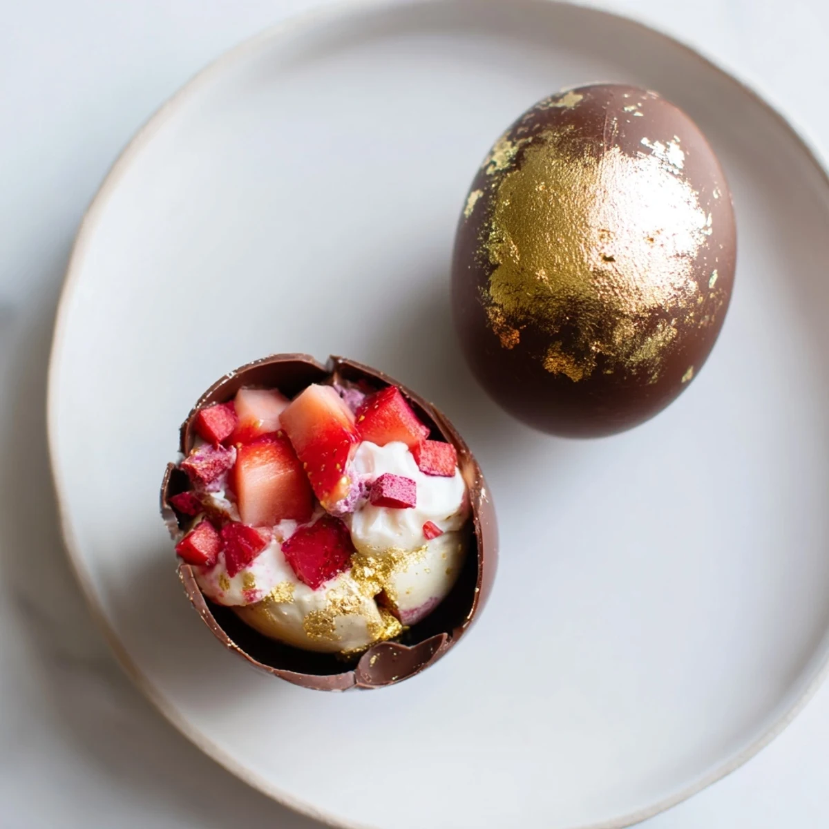 Chocolate Easter egg filled with layered strawberry shortcake, fresh berries, and whipped cream
