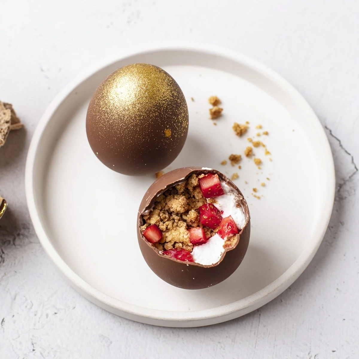 Festive white chocolate egg bomb revealing crumbled shortcake with sweet strawberries and cream