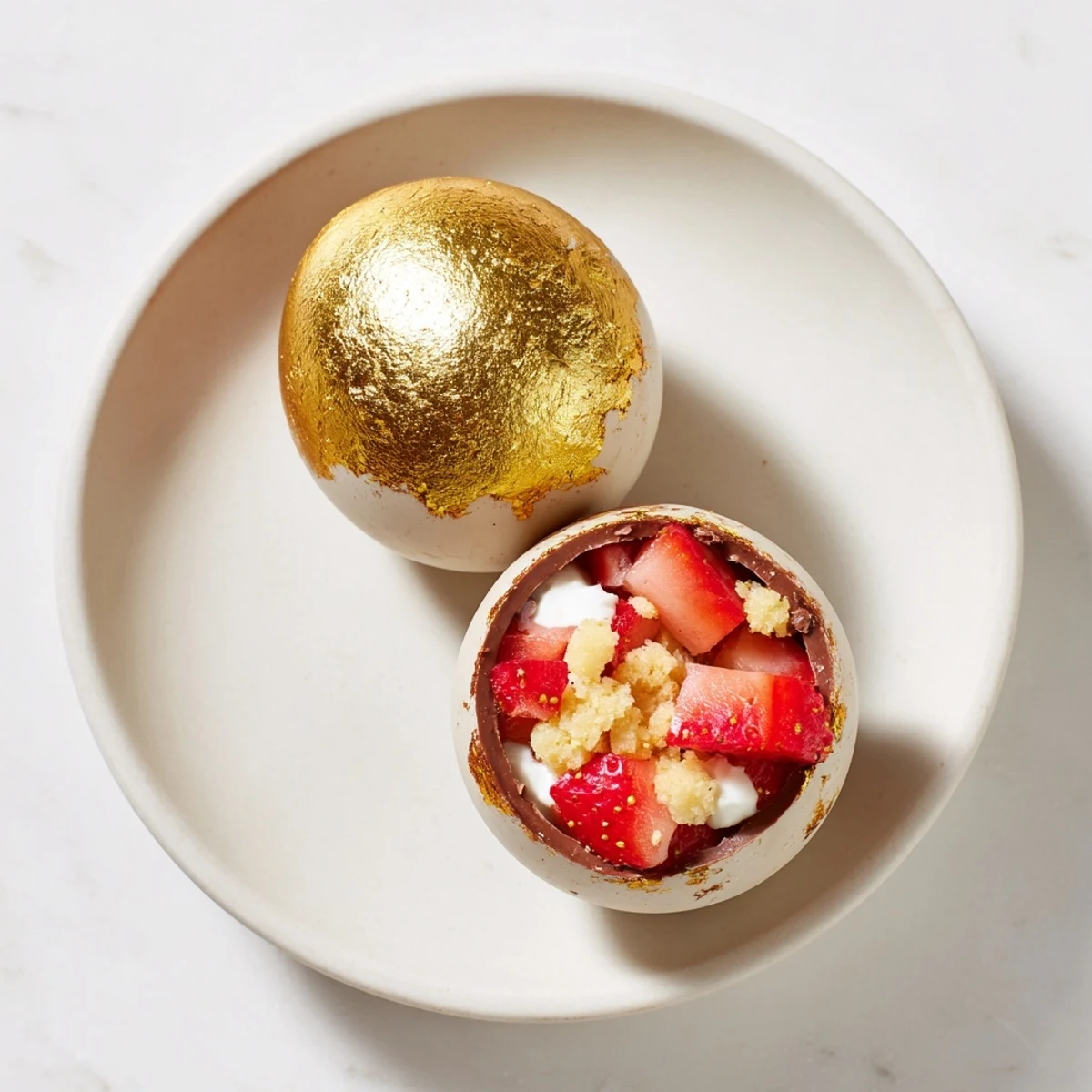 Spring dessert of strawberry shortcake and whipped cream nestled inside crisp chocolate Easter egg