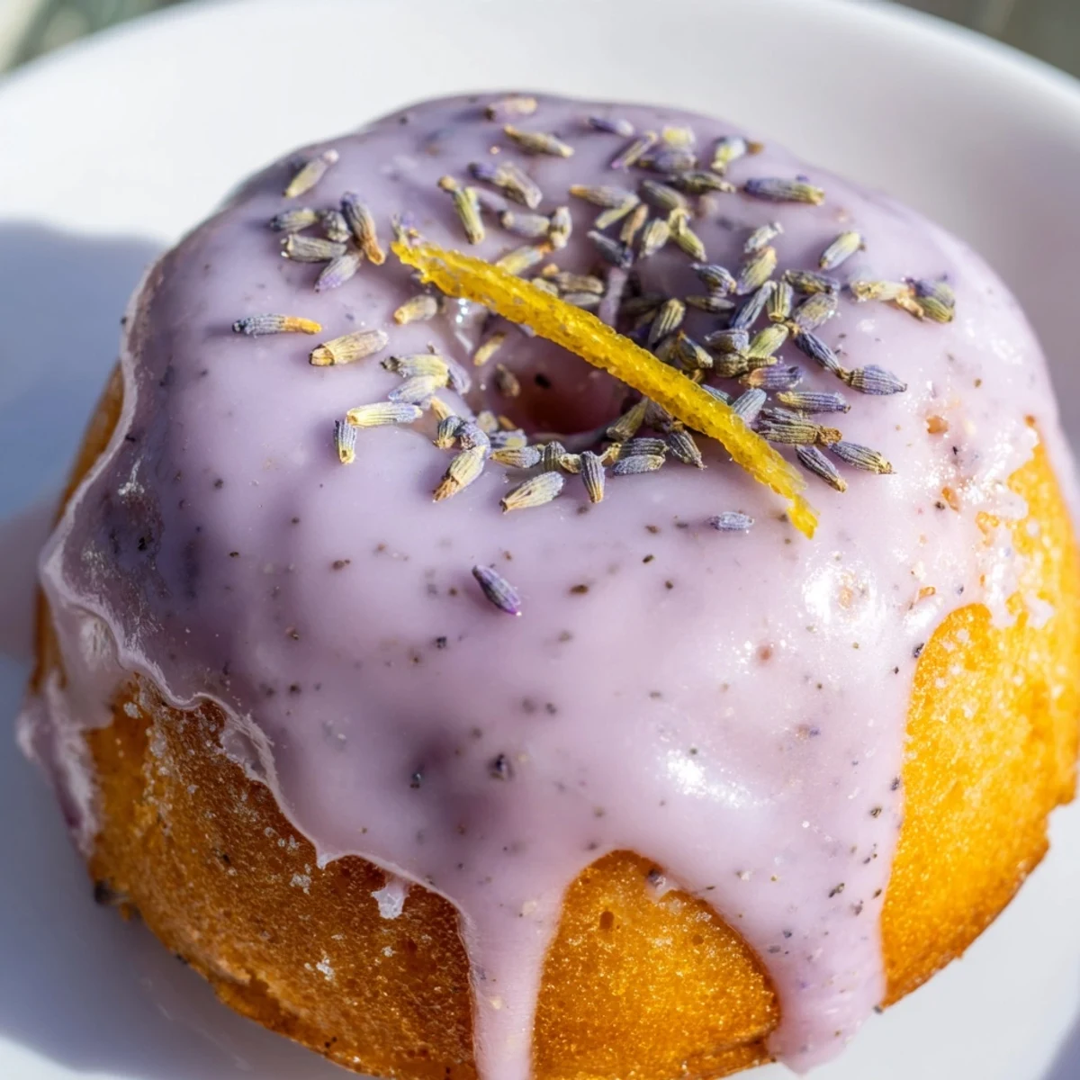 Mini lemon cakes topped with floral lavender glaze on a white serving plate for dessert