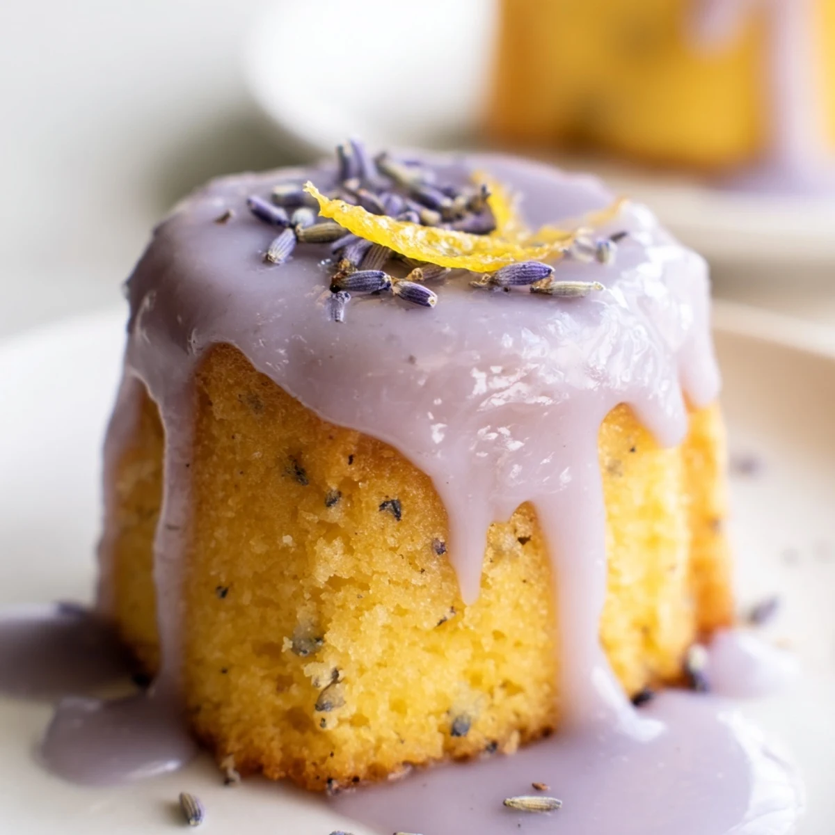 Golden mini lemon cakes drizzled with purple lavender glaze and garnished with fresh zest