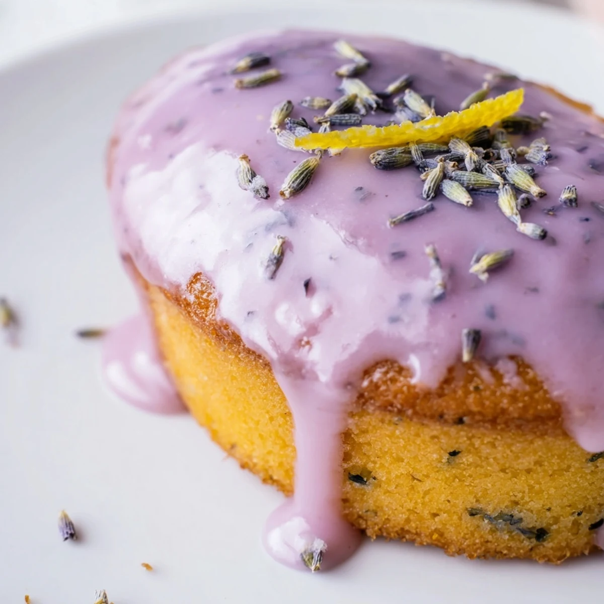 Freshly baked mini lemon cakes with creamy lavender glaze and dried lavender buds on top