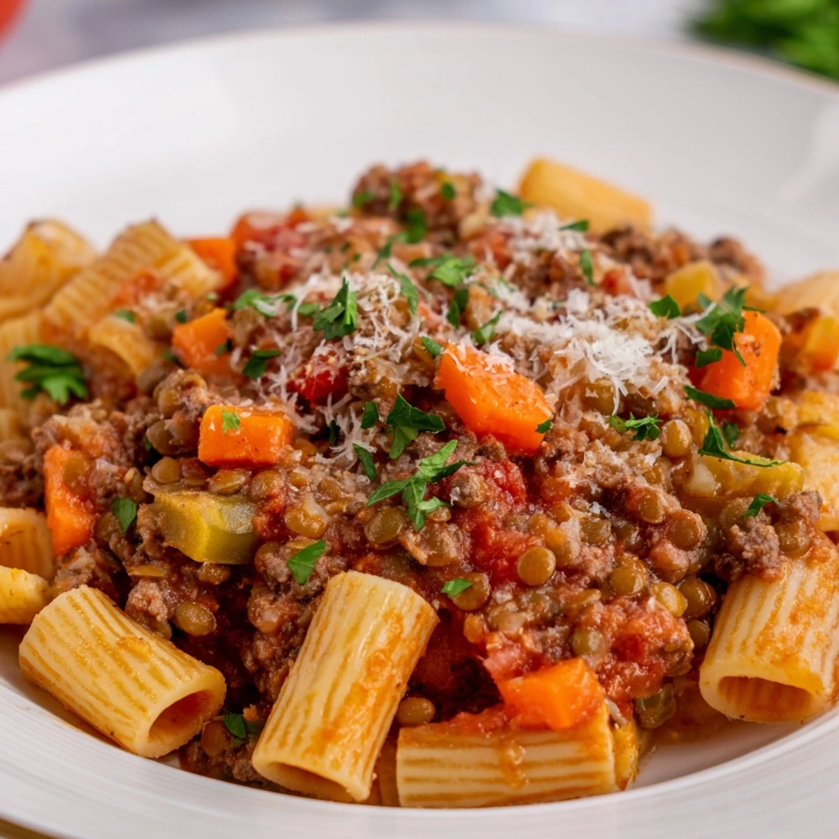 Rich healthy beef and lentil bolognese sauce coated over pasta with fresh basil garnish