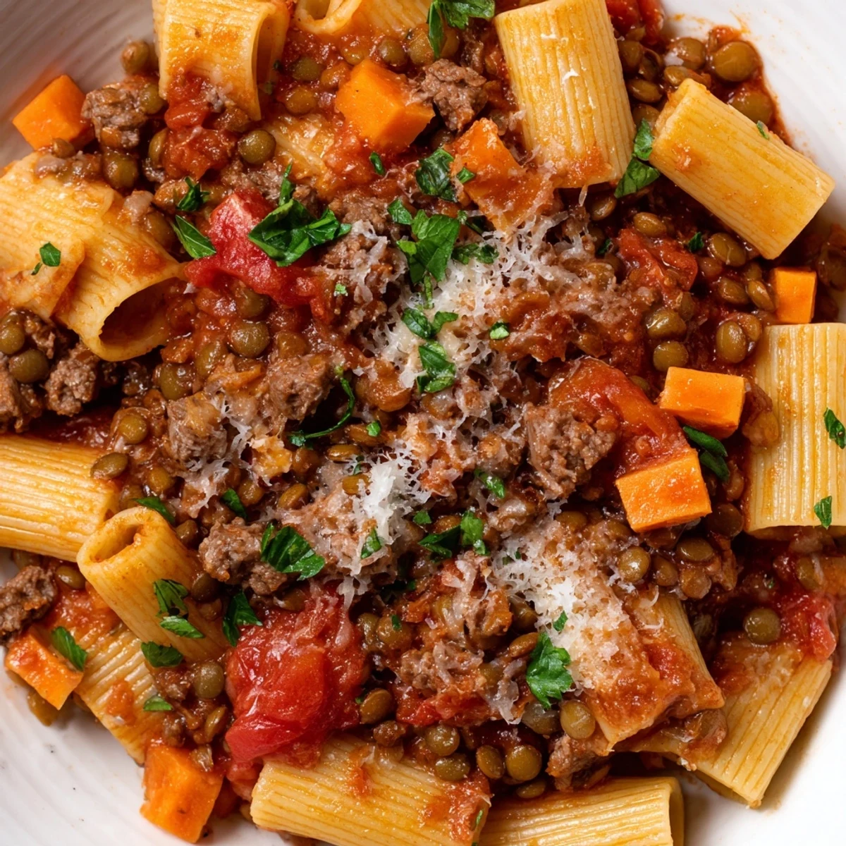 Hearty bowl of healthy beef and lentil bolognese simmered with diced vegetables and herbs