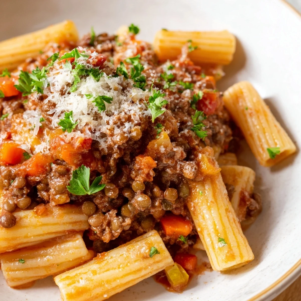 Savory healthy beef and lentil bolognese plated over noodles with grated Parmesan cheese topping