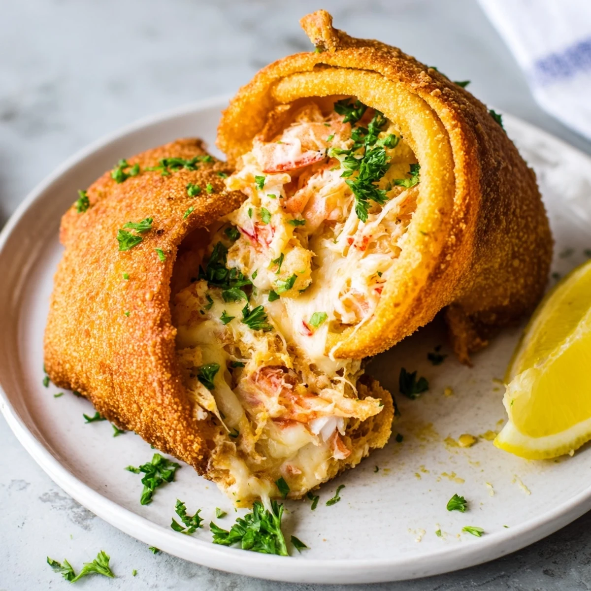 Cheesy seafood tortilla bombs fried to golden perfection with creamy shrimp and crab center