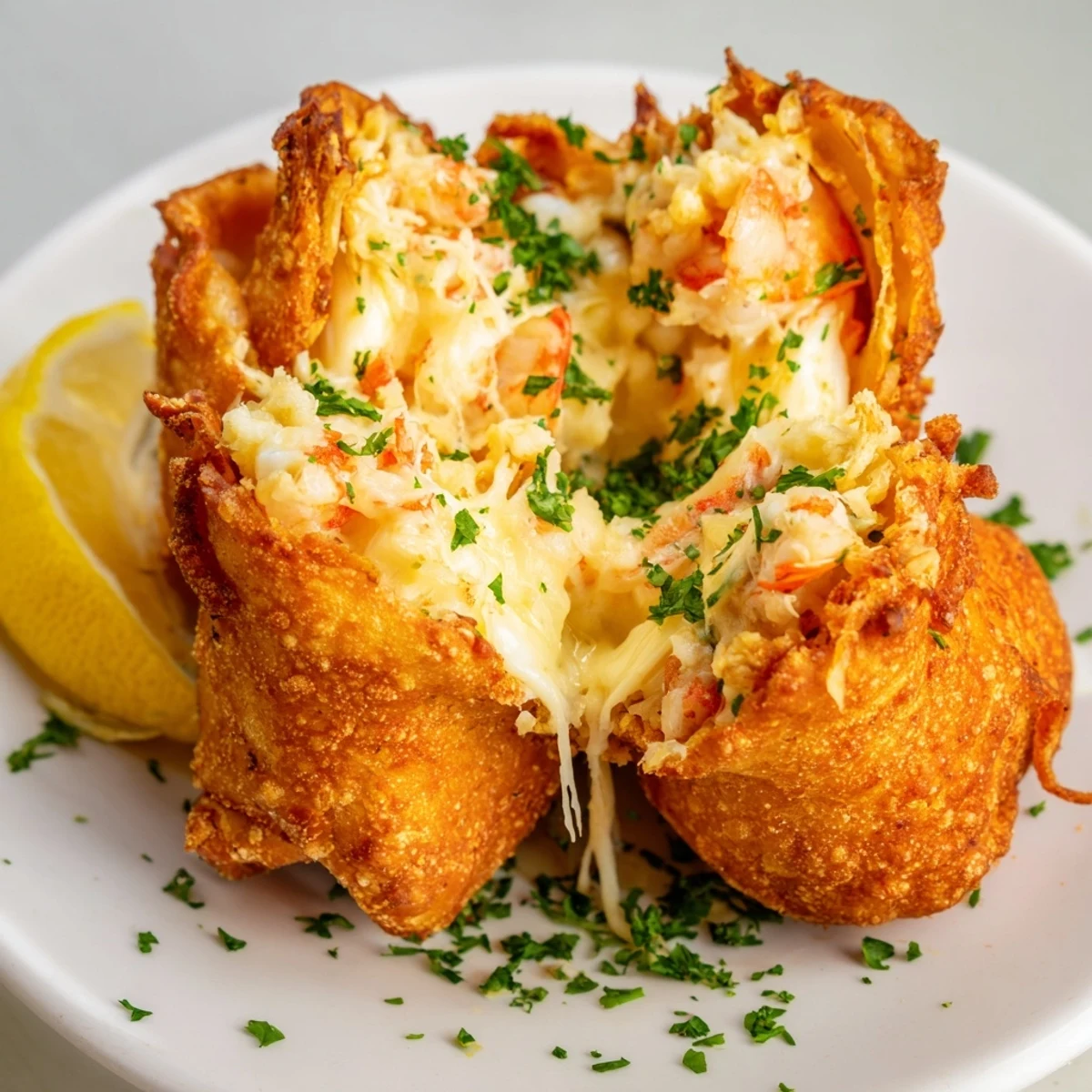 Golden brown crispy tortilla bombs oozing with melted cheese and seasoned shrimp crab filling