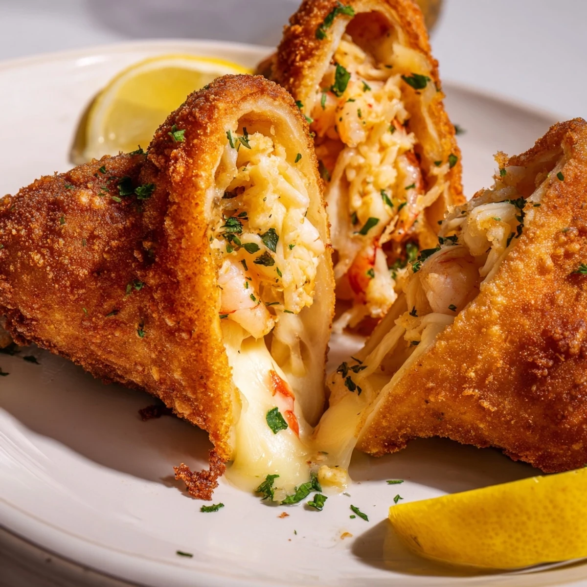 Appetizer plate showcasing crispy seafood tortilla bombs with gooey three cheese and crab shrimp filling