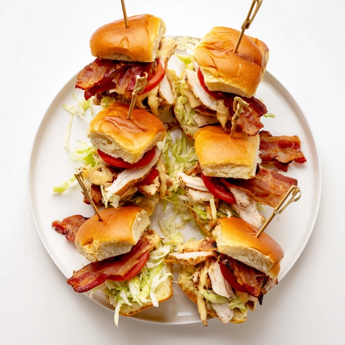 Juicy honey mustard BLT chicken sliders featuring layered lettuce, ripe tomato slices, and crunchy bacon on buttery buns