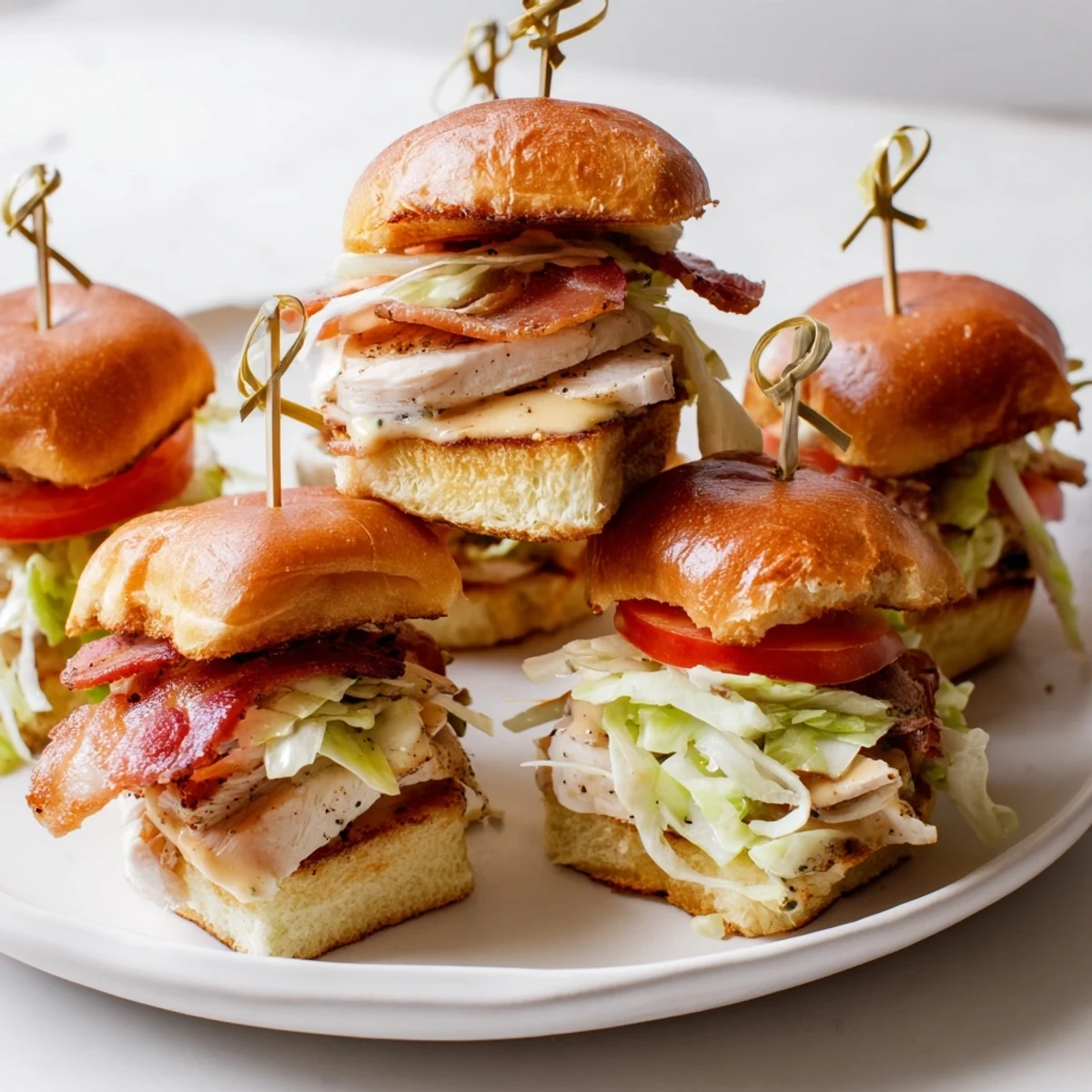 Golden brown honey mustard BLT chicken sliders stacked with crispy bacon and fresh tomato on toasted buns