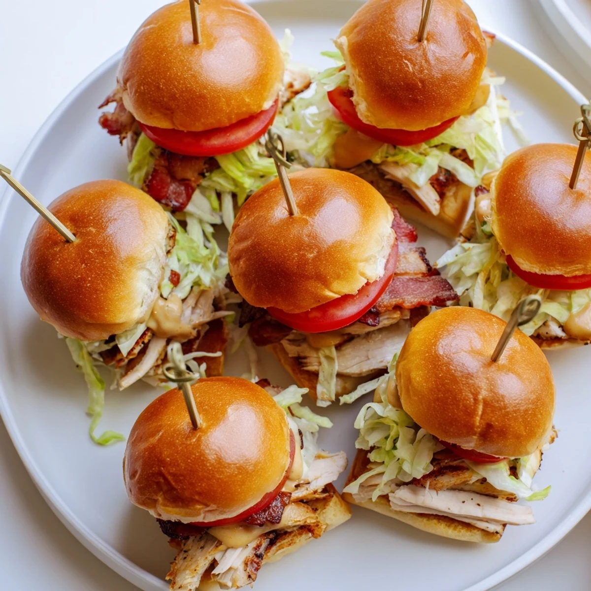 Party-ready honey mustard BLT chicken sliders assembled with smoky bacon, crisp lettuce, and tangy sauce on soft slider rolls