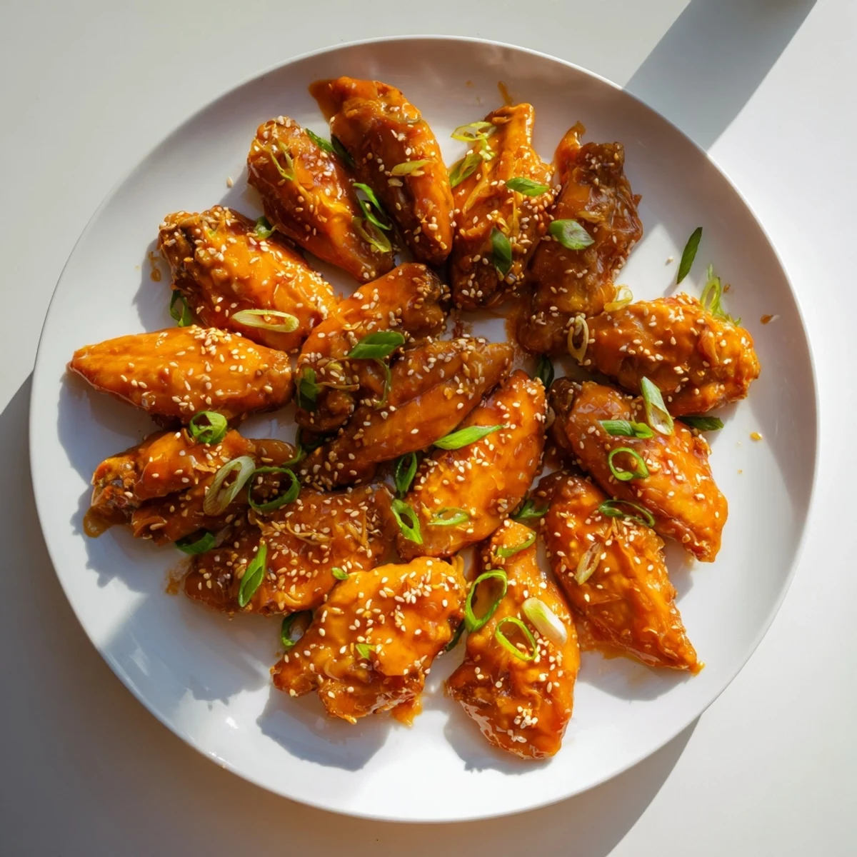 Golden sticky orange chicken wings glazed with sweet tangy sauce and sesame seeds