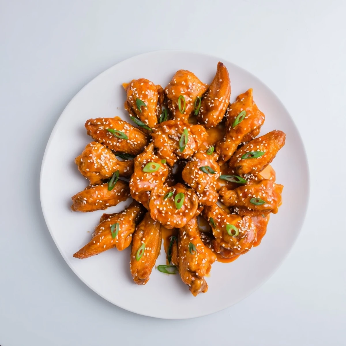 Baked chicken wings coated in glossy orange glaze topped with green onions and sesame