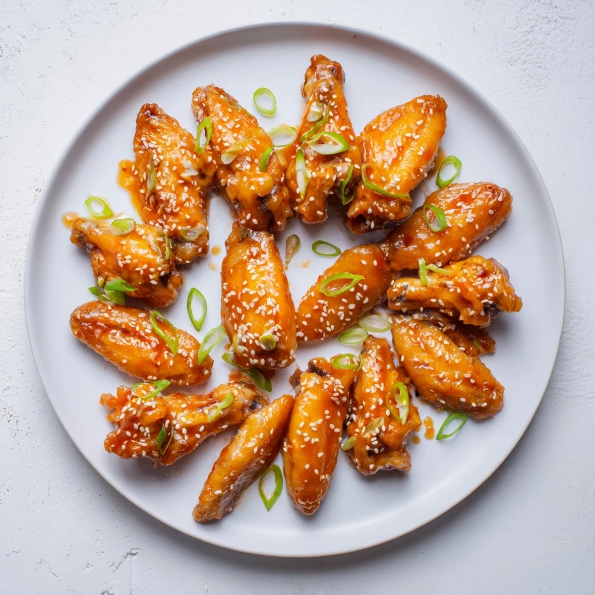 Crispy orange chicken wings drizzled with thick sweet honey garlic sauce for game day
