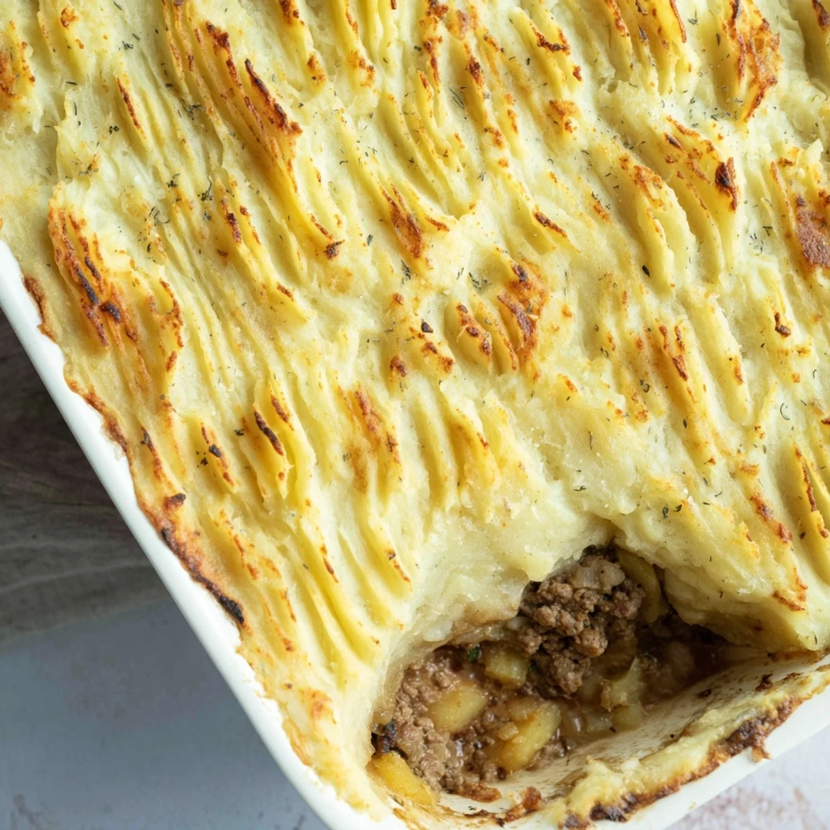 Golden shepherds pie with creamy garlic mashed potatoes bubbling in a rustic baking dish