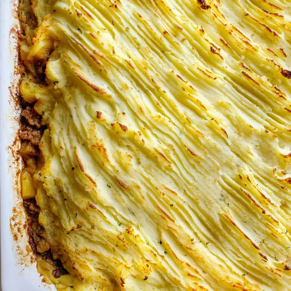 Comforting shepherds pie featuring savory meat filling beneath a crown of buttery mashed potatoes