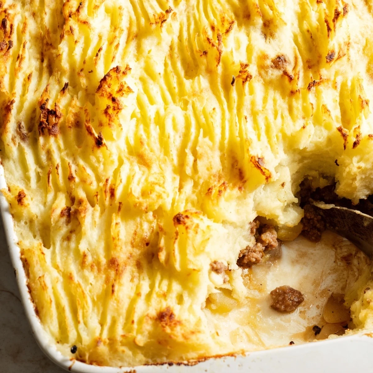 Baked shepherds pie with crispy golden potato topping served piping hot for family dinner
