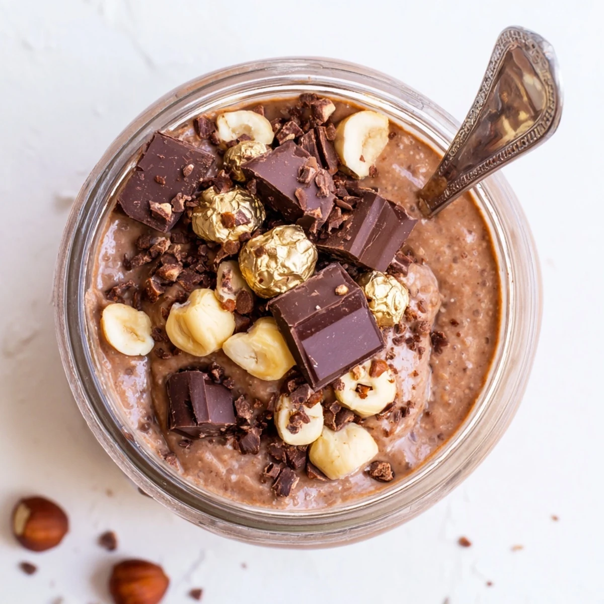 Creamy Ferrero Rocher protein overnight oats topped with chopped hazelnuts and dark chocolate in a glass jar