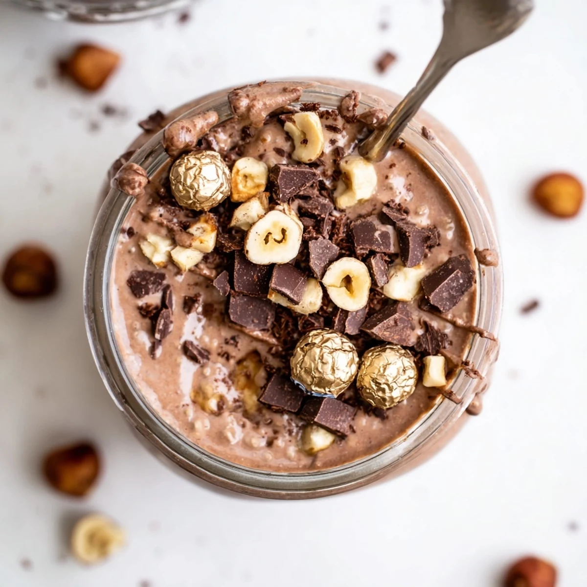 Chocolate hazelnut overnight oats with protein powder, garnished with whipped hazelnut butter and crunchy roasted nuts