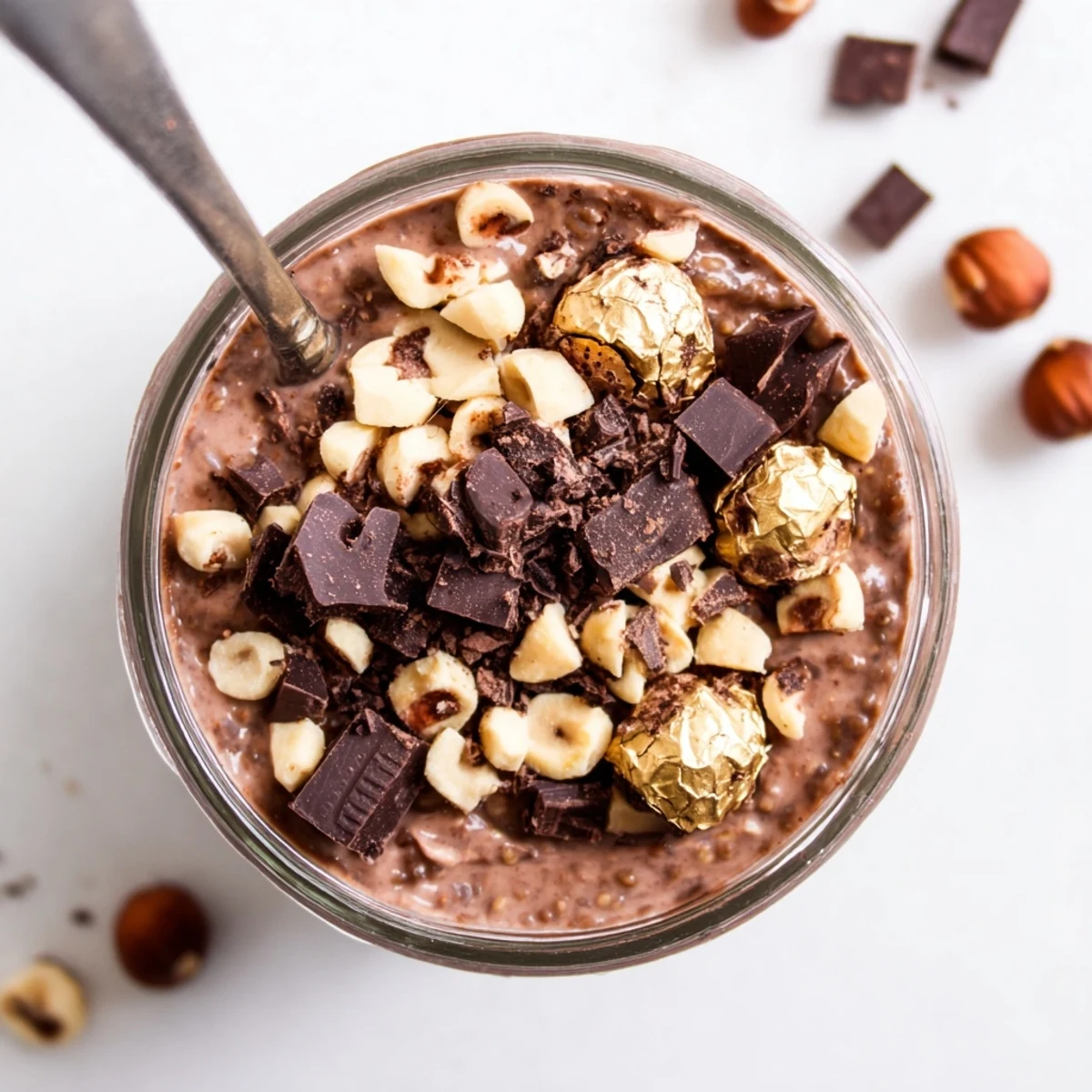 Decadent Ferrero Rocher protein oats layered with Greek yogurt, cocoa, and chocolate hazelnut toppings for breakfast