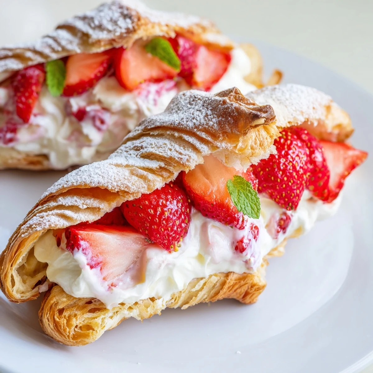 Flaky golden croissant sliced open revealing creamy vanilla filling dotted with fresh red strawberries