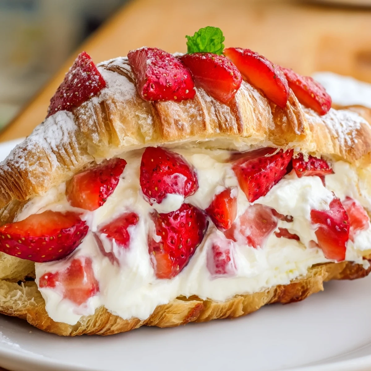 French-style croissant overflowing with whipped vanilla bean cream and fresh juicy strawberries dusted with powdered sugar