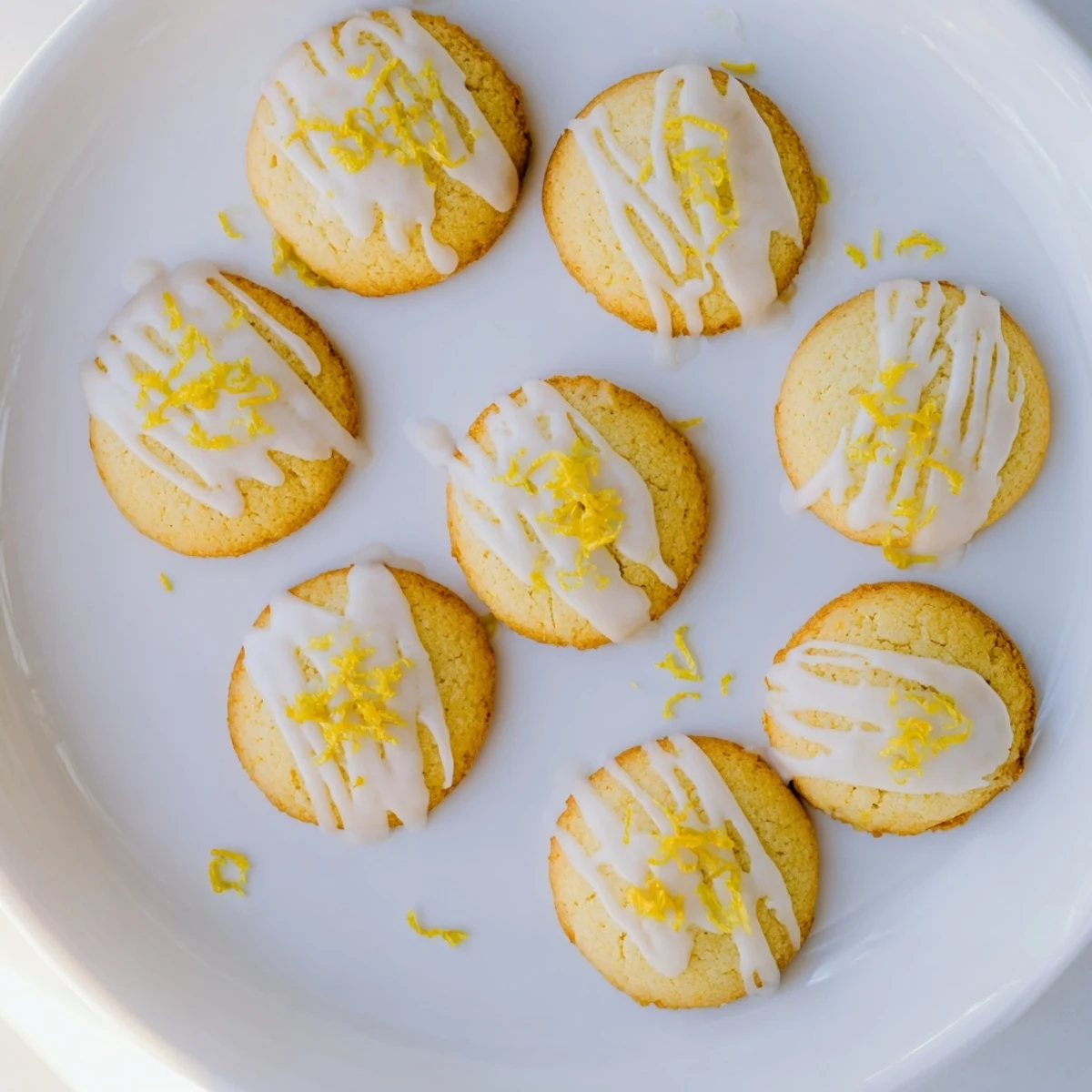 Golden Limoncello cookies topped with sweet white lemon glaze and fresh lemon zest on a white plate.