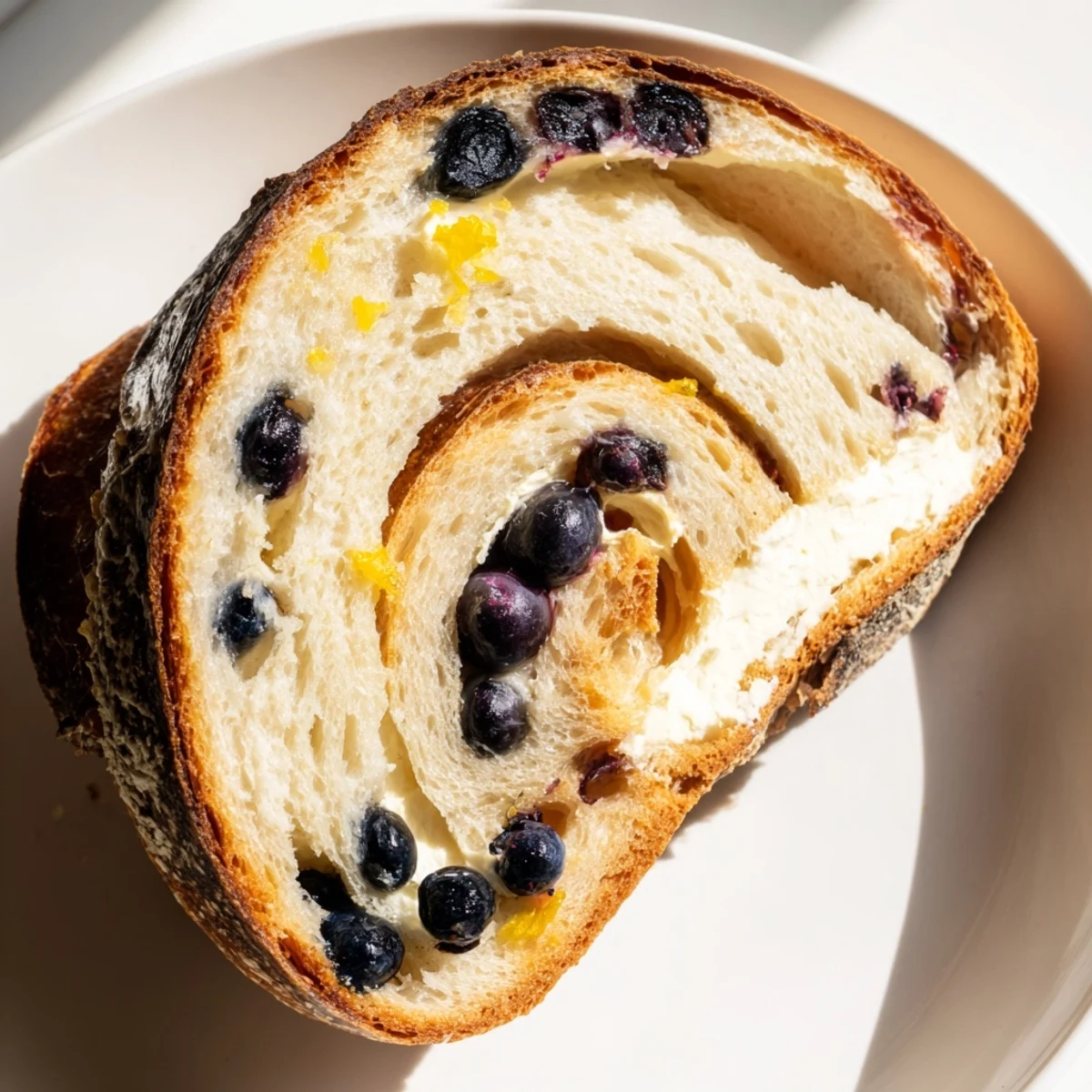Golden blueberry lemon cream cheese sourdough loaf sliced to reveal swirled fruit and creamy filling