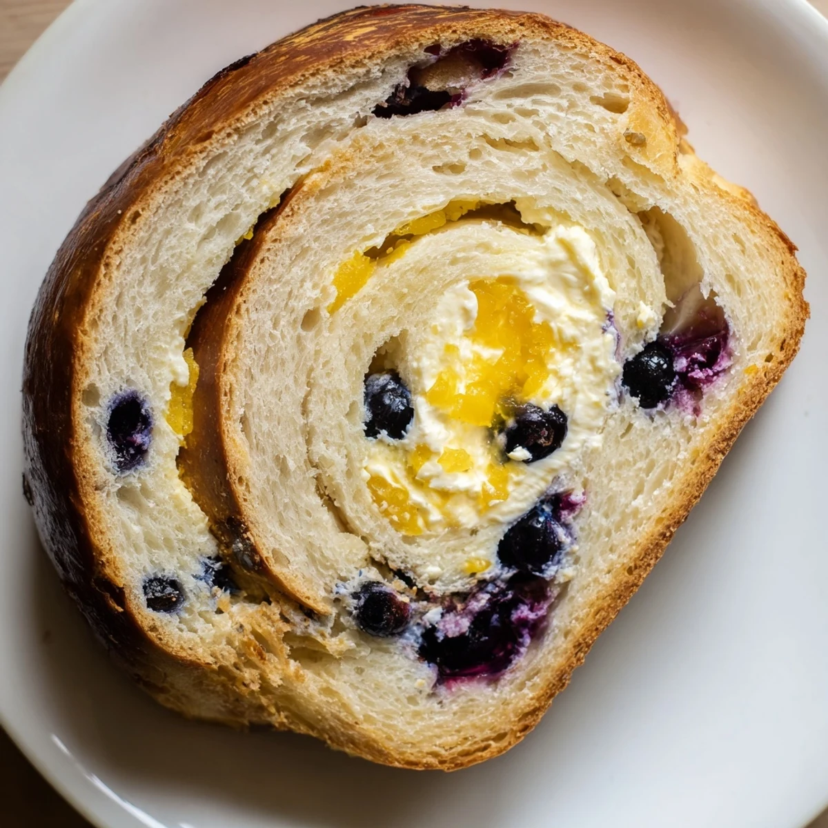 Freshly baked blueberry lemon cream cheese sourdough bread with golden crust and soft tangy interior