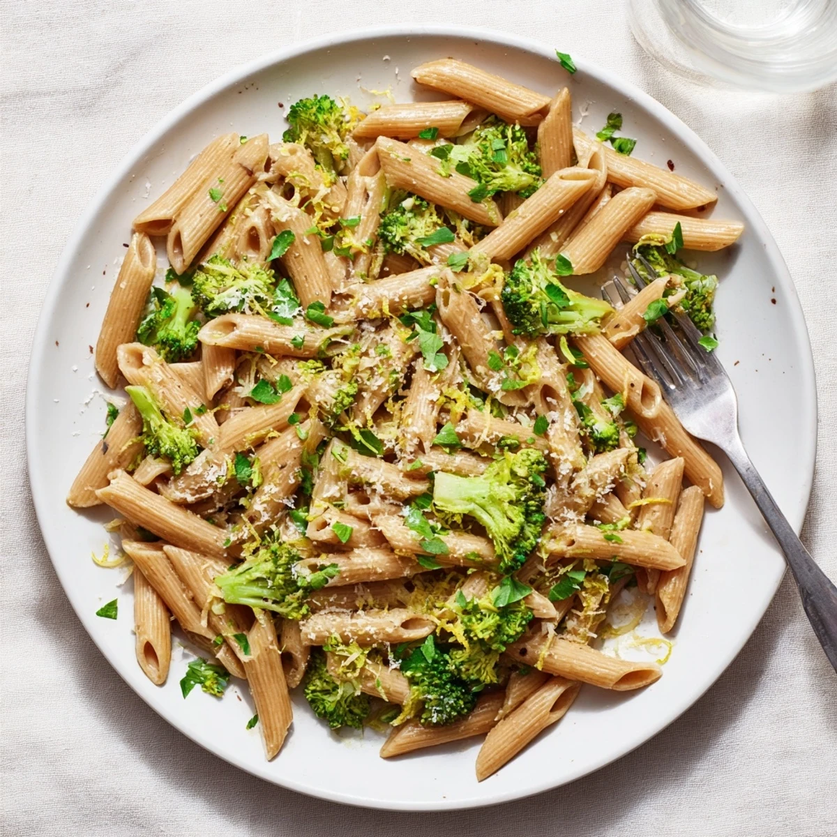 Steam rising from a bowl of easy healthy broccoli pasta topped with grated Parmesan and fresh parsley