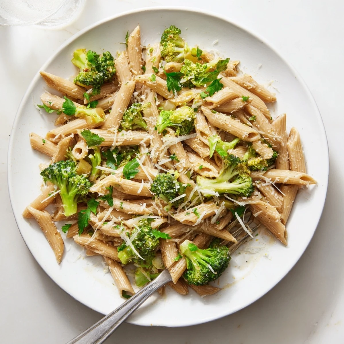 Golden whole wheat penne pasta tossed with bright green broccoli florets in garlic olive oil sauce
