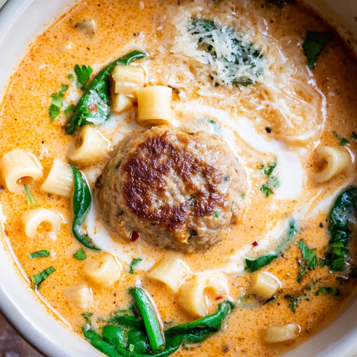 Creamy Italian meatball soup featuring tender beef meatballs floating in rich tomato broth with pasta and fresh spinach