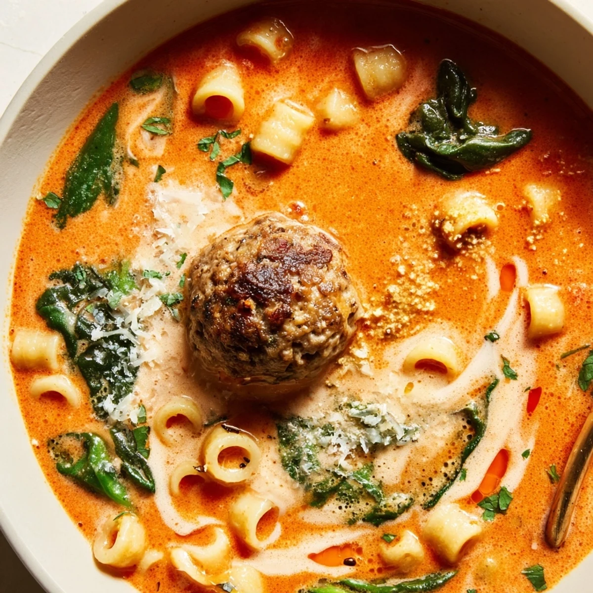 Hearty bowl of creamy Italian meatball soup topped with grated Parmesan and crusty bread for cozy dinner