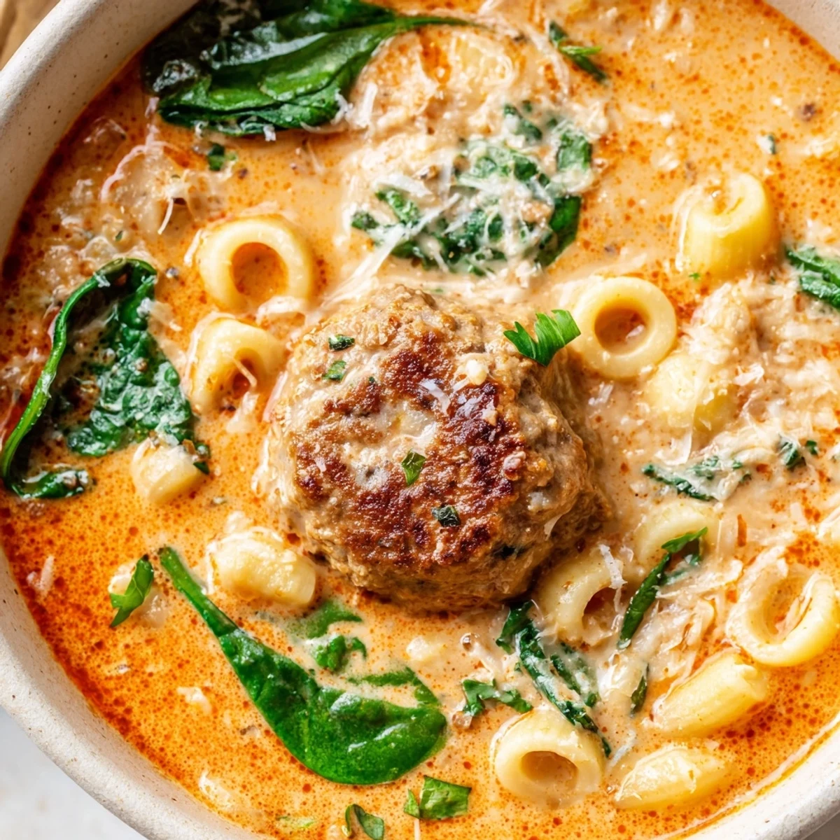 Golden-brown meatballs simmered in creamy tomato vegetable broth with ditalini pasta and wilted spinach leaves